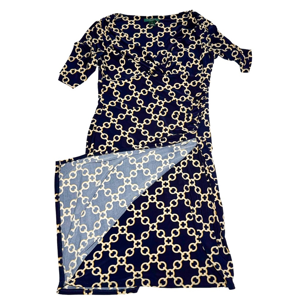 Lauren Ralph Lauren Wrap Dress Navy Blue Gold Chains 10 Classic Preppy Stretch - Picture 9 of 12